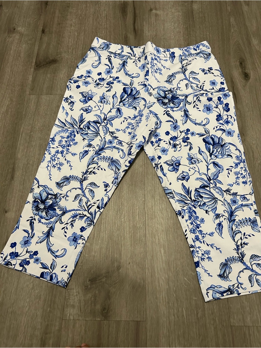 Susan Graver White Crop Pants with Blue Floral Design, Brand New, size Large